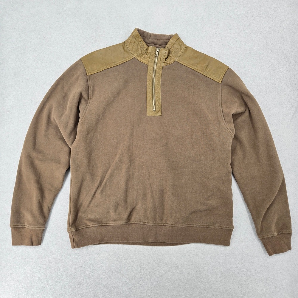 Orvis‎ Mens Large Brown Quarter Zip Pullover Faux Leather Trim Outdoor 2B01